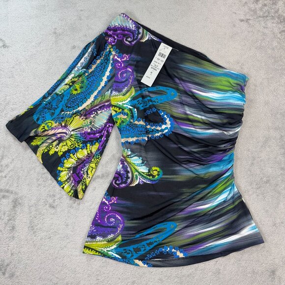 NEW Vintage Cache Ruched One-Shoulder Top Paisley Statement Blouse Y2K Stretch - Picture 6 of 9